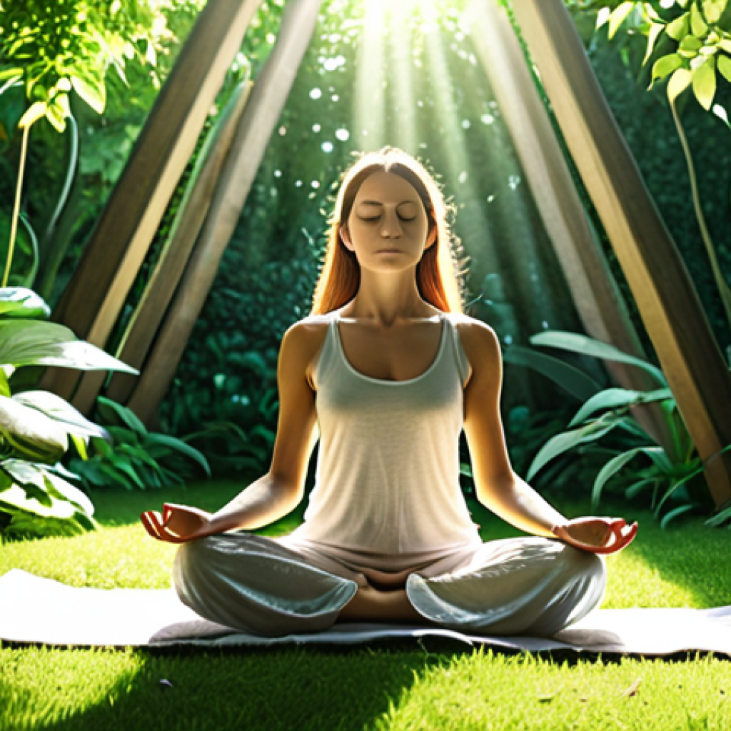 A serene person meditating in a lush green garden, sunlight filtering through the trees, symbolizing mindfulness and inner peace.