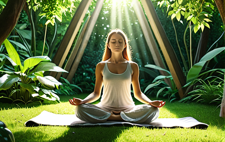 A serene person meditating in a lush green garden, sunlight filtering through the trees, symbolizing mindfulness and inner peace.